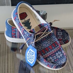 Hey Dude Navy and Crimson Patterned Loafers